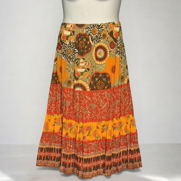 Coldwater Creek Boho Patchwork Floral Peasant Skirt PM Orange Tiered Y2K Midi - Picture 1 of 7